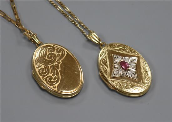 Two 9ct gold lockets on 9ct gold chains.